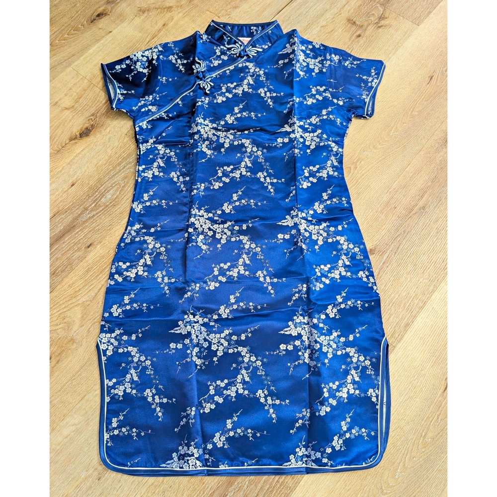 Chinese Qipao Cheongsam Dress Blue Floral Satin Mandarin Collar XL Fits Medium
